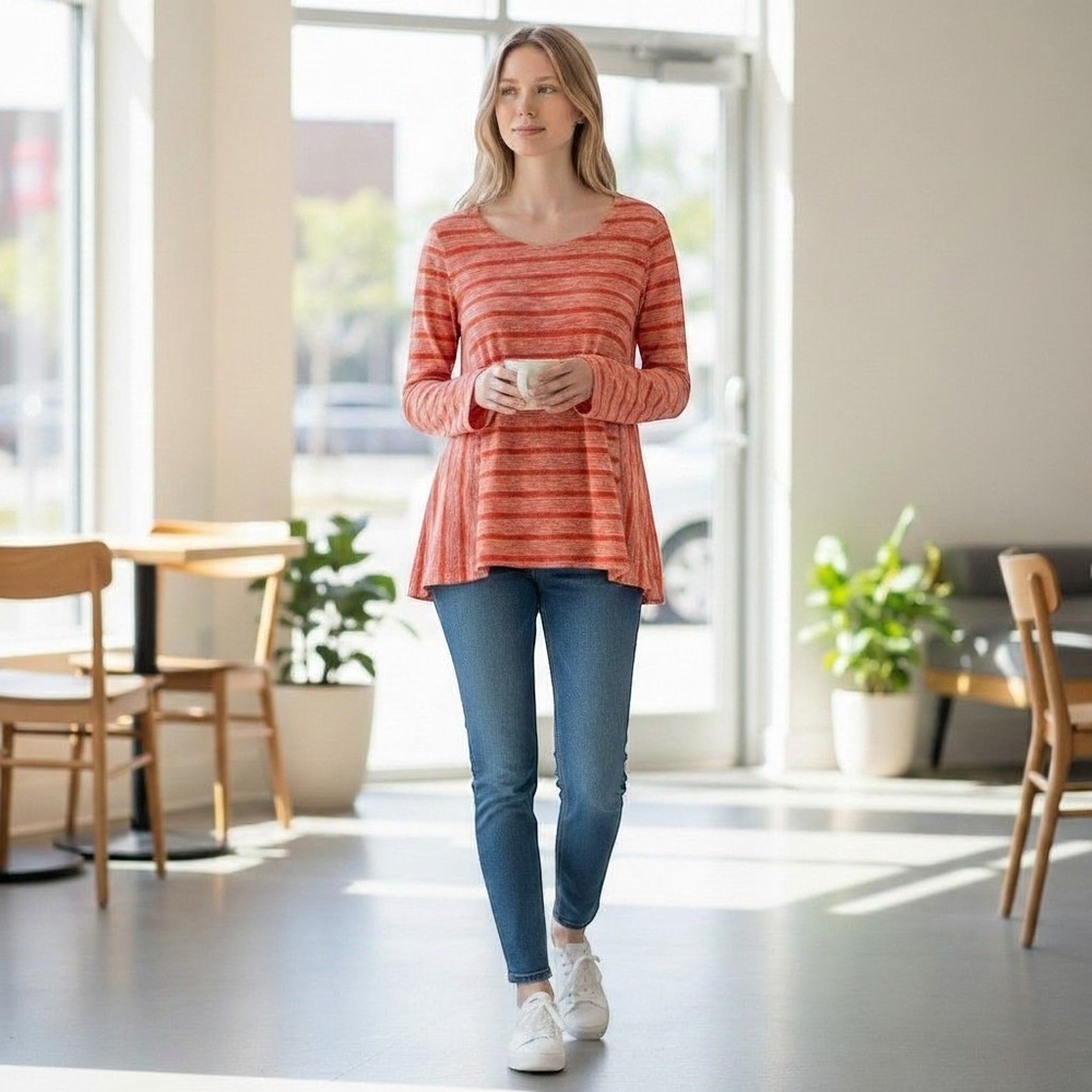 Anthropologie Postmark Striped Top Womens Small Orange Long Sleeve Tie Back